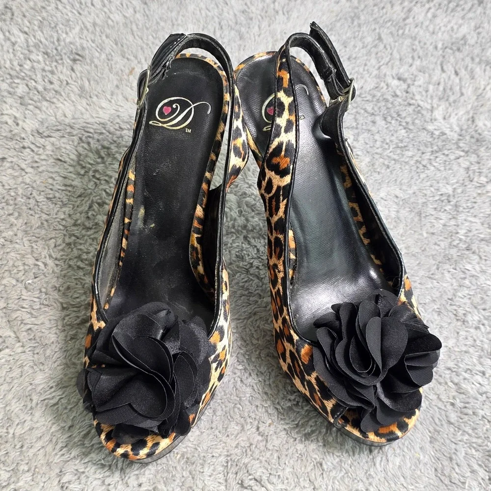 VTG Dollhouse Platform Peep Toe Leopard Black Flower Slingback Heels Sz‎ 6.5-7